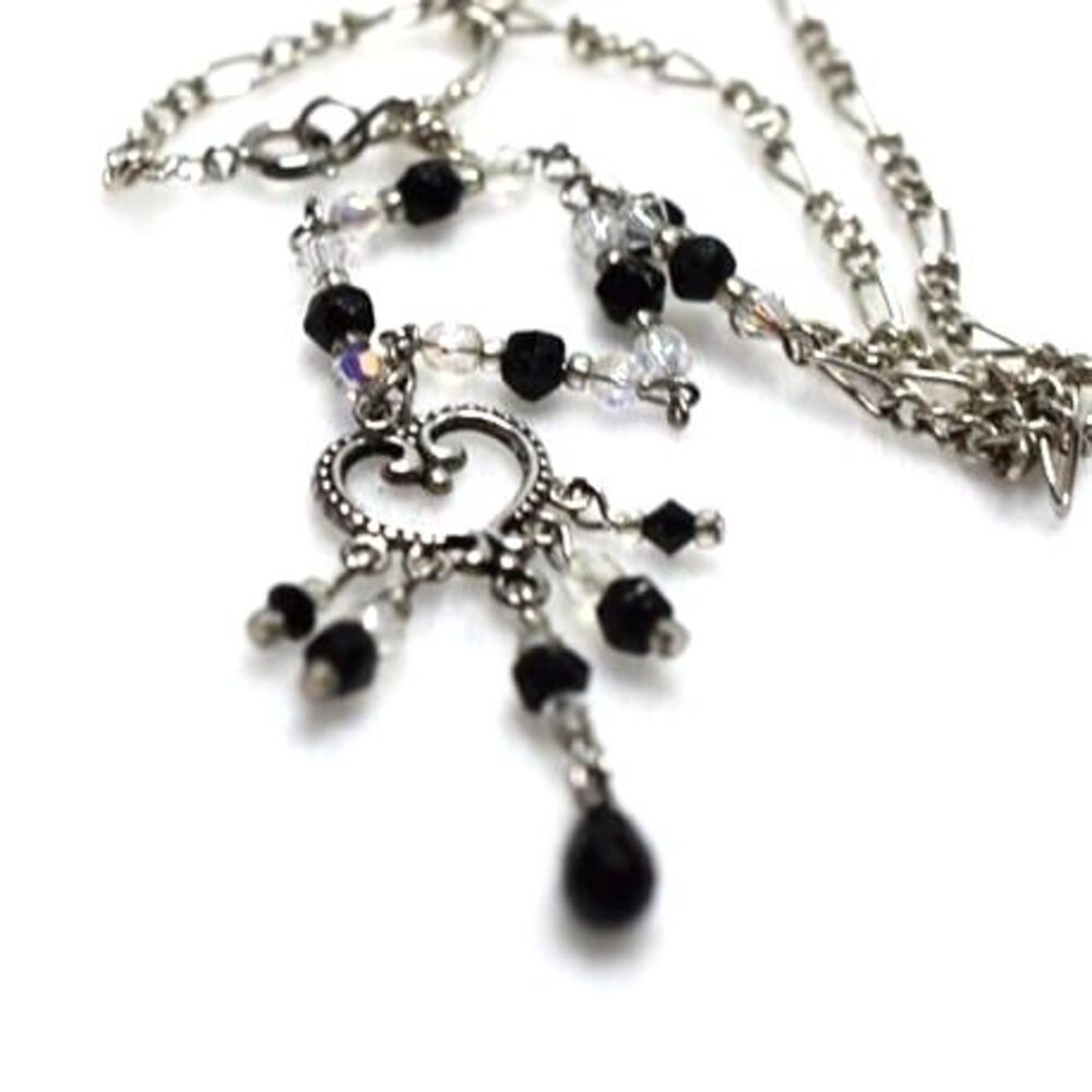 Victorian Delicate Black/Clear Beads Silver Tone Link Chain Pendant 16" Necklace